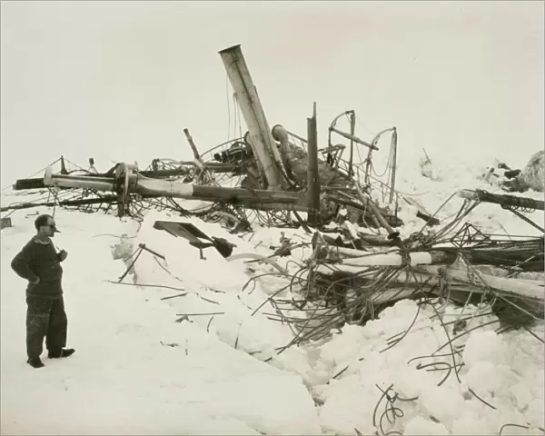 Frank Wild examining the wreckage of the Endurance