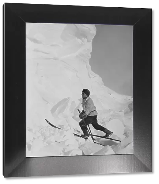 Lt Tryggve Gran skiing on broken ice. October 1911