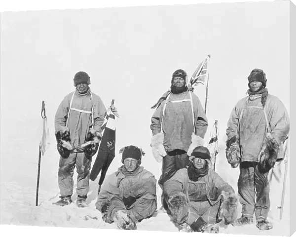 The Polar Party at the South Pole. Standing: Oates, Scott, Evans. Seated: Bowers and Wilson