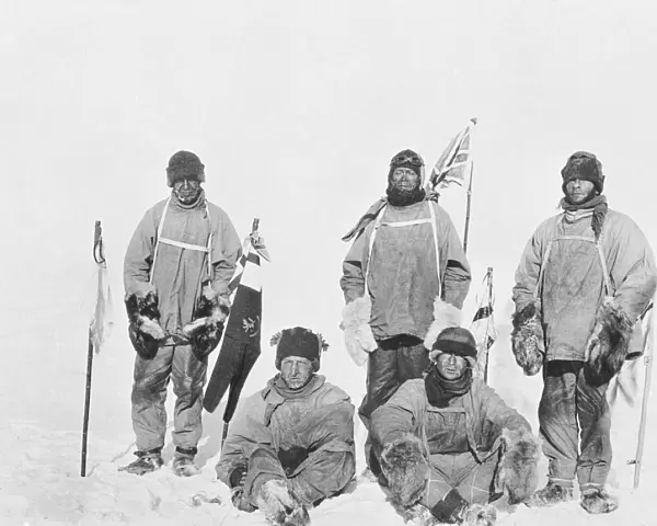 The Polar Party at the South Pole. Standing: Oates, Scott, Evans. Seated: Bowers and Wilson