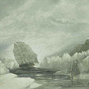 HMS Investigator running through a narrow channel in a snow storm, between grounded and packed ice