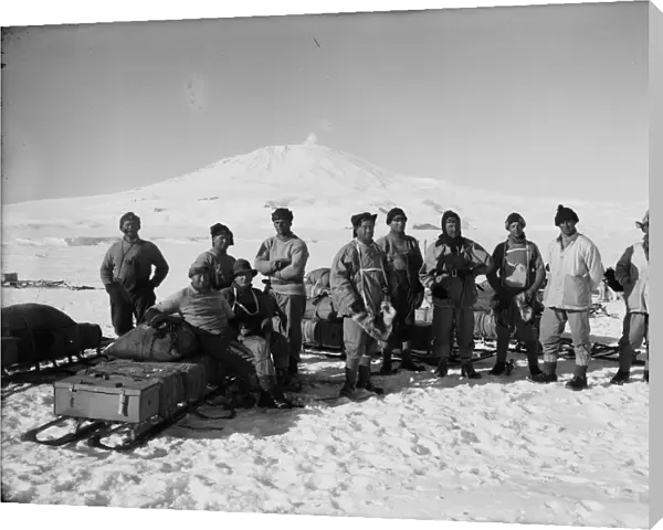 Capt Scott and the Southern Party. Mount Erebus in background. January 26th 1911