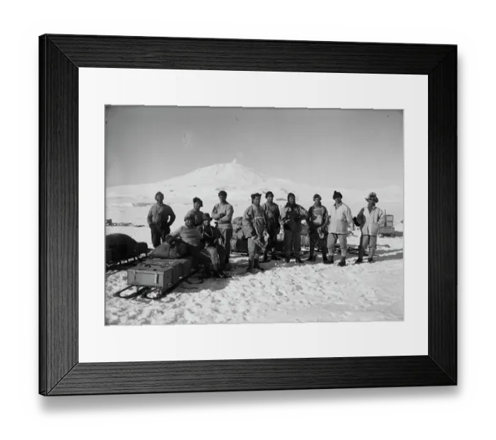 Framed Print : Capt Scott and the Southern Party. Mount Erebus in background. January 26th 1911 Framed Print : Capt Scott and the Southern Party. Mount Erebus in background. January 26th 1911