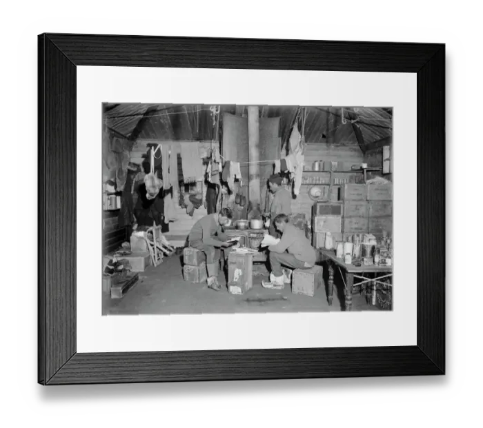Framed Print : Edward Nelson, Bernard Day and William Lashly in Ernest Shackletons hut. February 17th 1911 Framed Print : Edward Nelson, Bernard Day and William Lashly in Ernest Shackletons hut. February 17th 1911