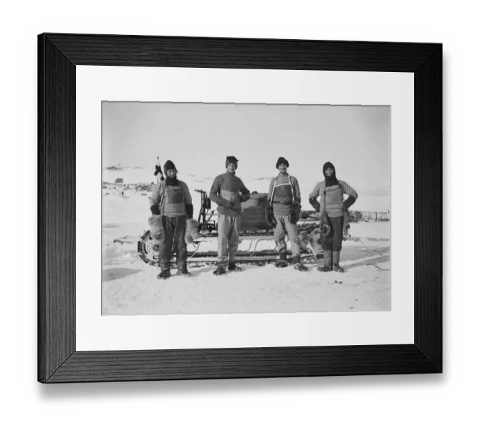 Framed Print : The motor party Lt Edward Evans, Bernard Day, William Lashly, Frederick Hooper. October 1911 Framed Print : The motor party Lt Edward Evans, Bernard Day, William Lashly, Frederick Hooper. October 1911