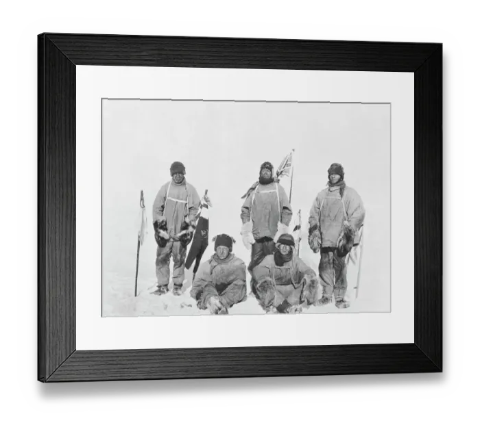 Framed Print : The Polar Party at the South Pole. Standing: Oates, Scott, Evans. Seated: Bowers and Wilson