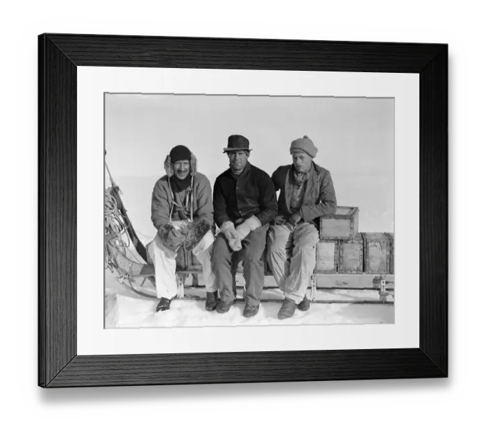 Framed Print : Lindsay, Scott and Stephenson, sitting on sledge, Ivigtut journey Framed Print : Lindsay, Scott and Stephenson, sitting on sledge, Ivigtut journey
