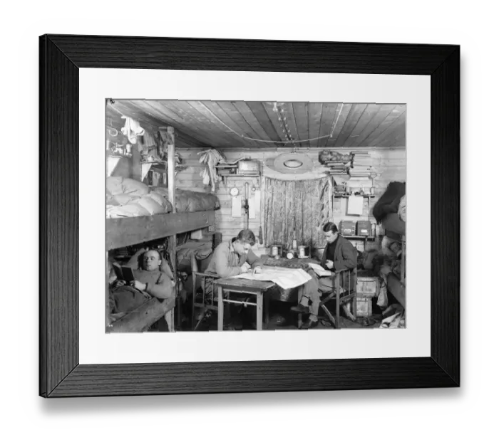 Framed Print : Edward Bingham, Alfred Stephenson, Quintin Riley and N. H. D Aeth in hut Framed Print : Edward Bingham, Alfred Stephenson, Quintin Riley and N. H. D Aeth in hut