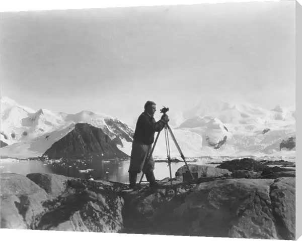 Alfred Stephenson with theodolite, Anchorage Island