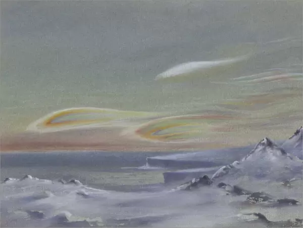 Iridescent clouds, looking north from the Ramp on Cape Evans, 9 August 1911