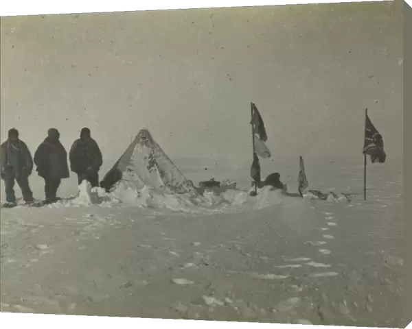 Most southerly camp after blizzard. Left to right: Adams, Wild, Shackleton