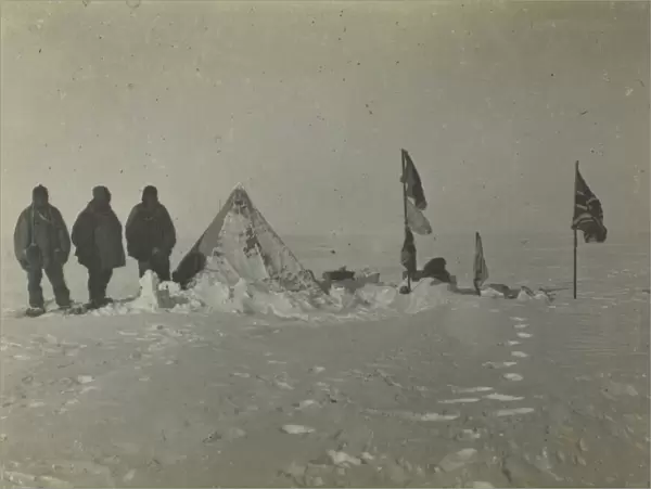 Most southerly camp after blizzard. Left to right: Adams, Wild, Shackleton