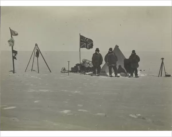 Christmas Day 1908. 10, 000 feet high on plateau. Left to right Adams, Marshall, Wild