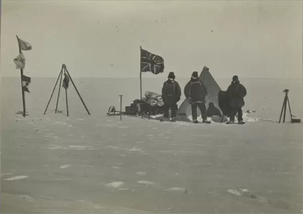 Christmas Day 1908. 10, 000 feet high on plateau. Left to right Adams, Marshall, Wild