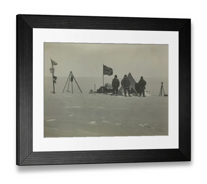 Framed Print : Christmas Day 1908. 10, 000 feet high on plateau. Left to right Adams, Marshall, Wild Framed Print : Christmas Day 1908. 10, 000 feet high on plateau. Left to right Adams, Marshall, Wild