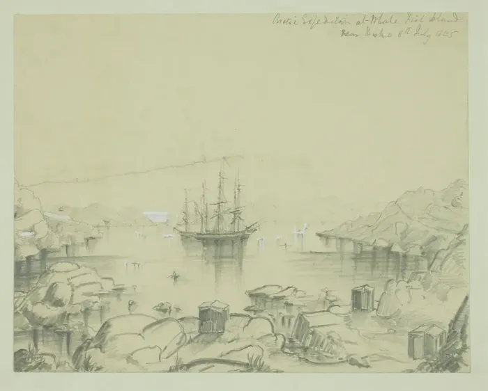 Framed Print : The Arctic Expedition at Whale Fish Island, near Disko, 8 July 1845 Framed Print : The Arctic Expedition at Whale Fish Island, near Disko, 8 July 1845