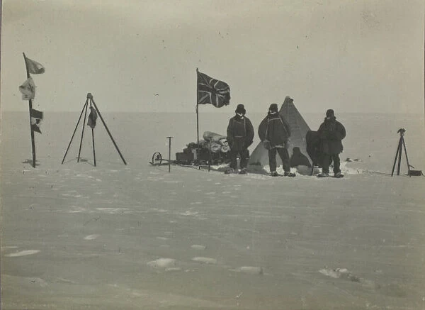 Christmas Day 1908. 10,000 feet high on plateau. Left to right Adams, Marshall, Wild