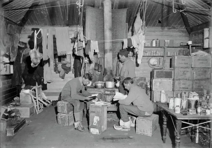 Framed Print : Edward Nelson, Bernard Day and William Lashly in Ernest Shackletons hut. February 17th 1911 Framed Print : Edward Nelson, Bernard Day and William Lashly in Ernest Shackletons hut. February 17th 1911