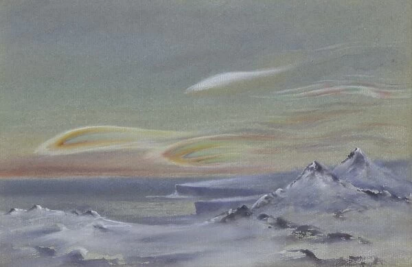Iridescent clouds, looking north from the Ramp on Cape Evans, 9 August 1911