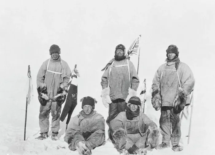 Framed Print : The Polar Party at the South Pole. Standing: Oates, Scott, Evans. Seated: Bowers and Wilson