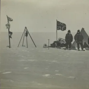 Christmas Day 1908. 10, 000 feet high on plateau. Left to right Adams, Marshall, Wild