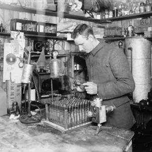 Dr Simpson in his laboratory, at the Winterquarters Hut. December 21st 1911