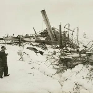 Frank Wild examining the wreckage of the Endurance