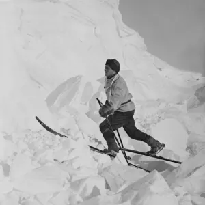 Lt Tryggve Gran skiing on broken ice. October 1911