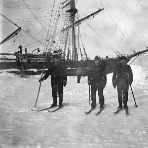 Three mates on skis, winter quarters. Second steward in background