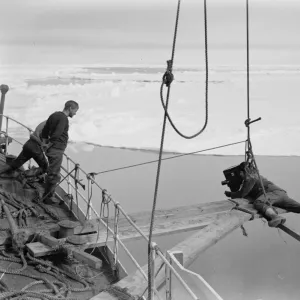 Ponting cinematographing the prow of the Terra Nova going through the pack ice. December 1910