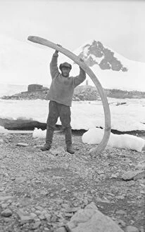 Snow Collection: Bagshawe near base hut, holding whale bone, Waterboat Point, Paradise Bay