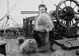 British Antarctic Expedition 1910-13 (Terra Nova) Collection: Dennis Lillie with a glass sponge on deck of the ship Terra Nova