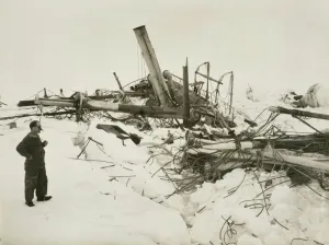 Trending: Frank Wild examining the wreckage of the Endurance