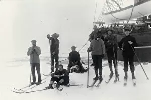 Sailing Ships Collection: Group of officers on floe alongside ship in pack ice