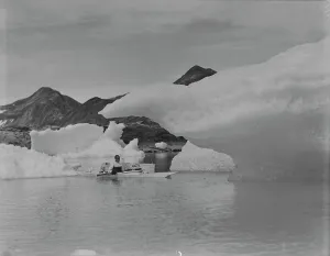 British Arctic Air Route Expedition 1930-31 Gallery: H. G. (Gino) Watkins in kayak among floes