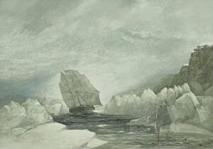 Chromolithograph Gallery: HMS Investigator running through a narrow channel in a snow storm, between grounded and packed ice