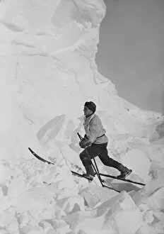 Lt Tryggve Gran skiing on broken ice. October 1911