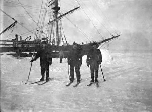Ship Gallery: Three mates on skis, winter quarters. Second steward in background
