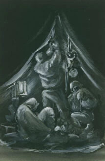 Watercolour Gallery: Three men in a pyramid tent