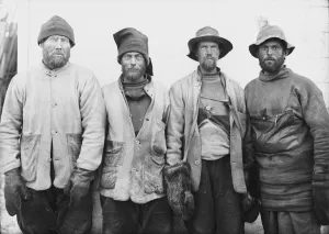 The return of the Western Geological Party. PO Robert Forde, Frank Debenham, T. Griffith Taylor and Tryggve Gran The return of the Western Geological Party. PO Robert Forde, Frank Debenham, T. Griffith Taylor and Tryggve Gran