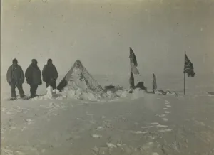 Most southerly camp after blizzard. Left to right: Adams, Wild, Shackleton