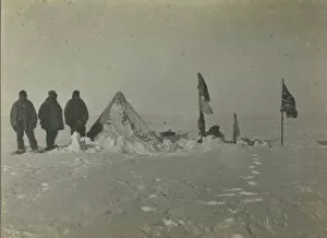 : Most southerly camp after blizzard. Left to right: Adams, Wild, Shackleton